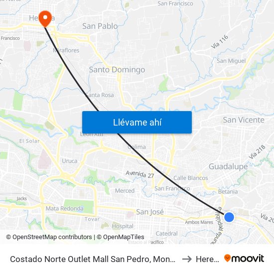 Costado Norte Outlet Mall San Pedro, Montes De Oca to Heredia map