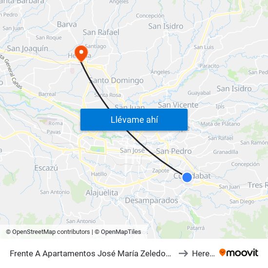 Frente A Apartamentos José María Zeledon, Curridabat to Heredia map