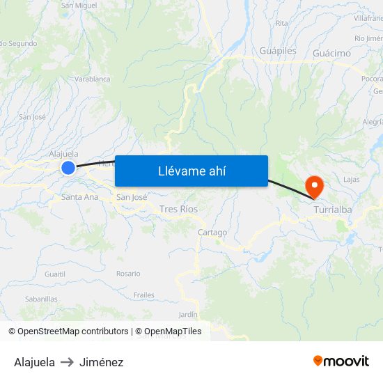 Alajuela to Jiménez map