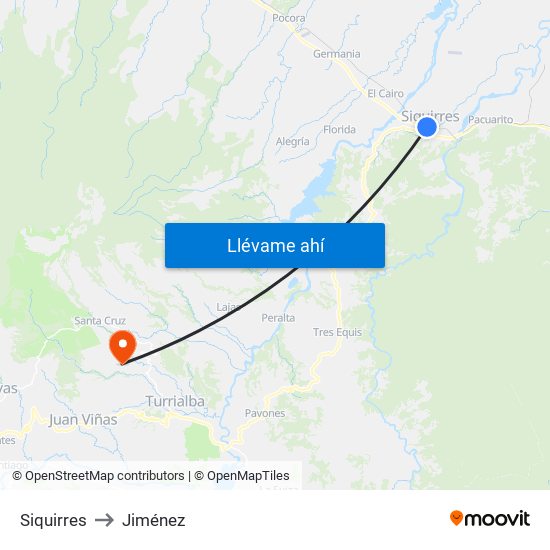 Siquirres to Jiménez map