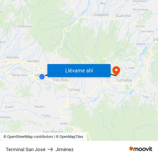 Terminal San José to Jiménez map