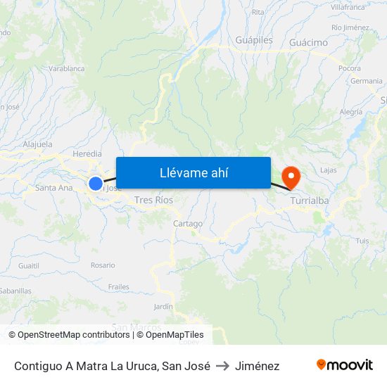 Contiguo A Matra La Uruca, San José to Jiménez map