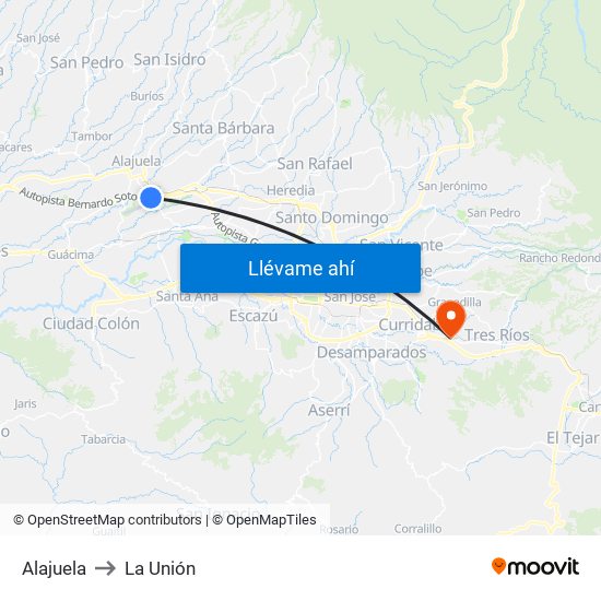 Alajuela to La Unión map