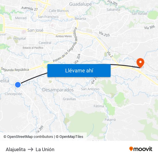 Alajuelita to La Unión map