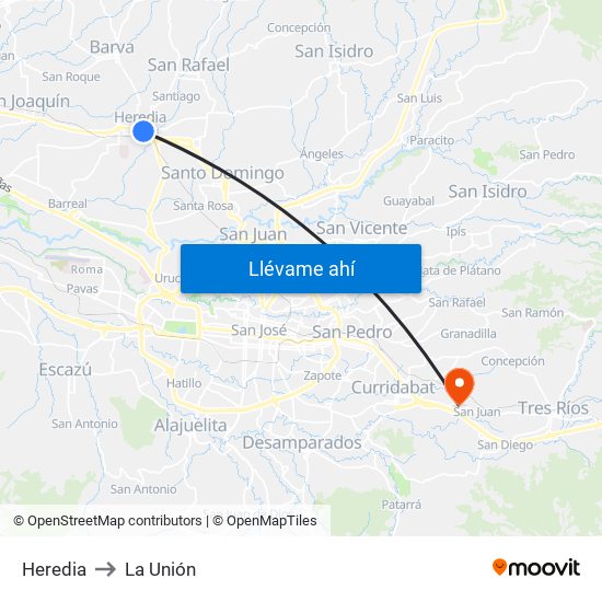 Heredia to La Unión map