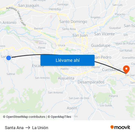 Santa Ana to La Unión map