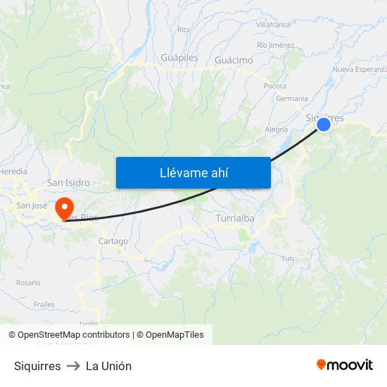 Siquirres to La Unión map