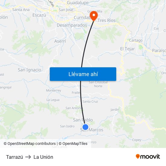 Tarrazú to La Unión map