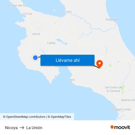Nicoya to La Unión map