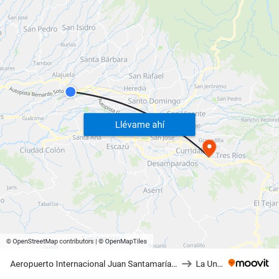 Aeropuerto Internacional Juan Santamaría, Alajuela to La Unión map