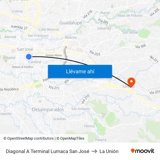 Diagonal A Terminal Lumaca San José to La Unión map