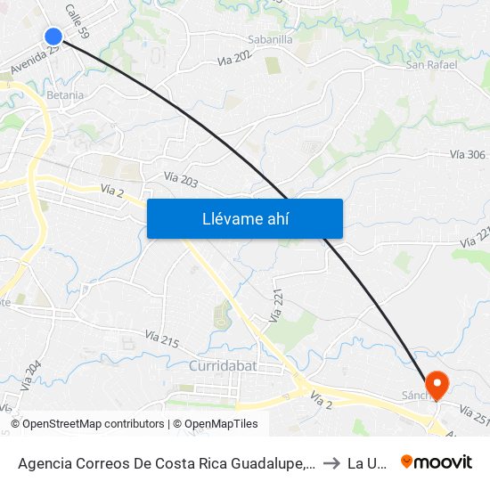Agencia Correos De Costa Rica Guadalupe, Goicoechea to La Unión map