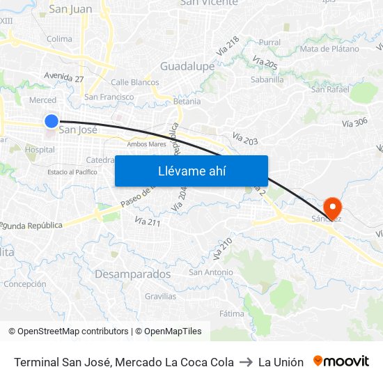 Terminal San José, Mercado La Coca Cola to La Unión map