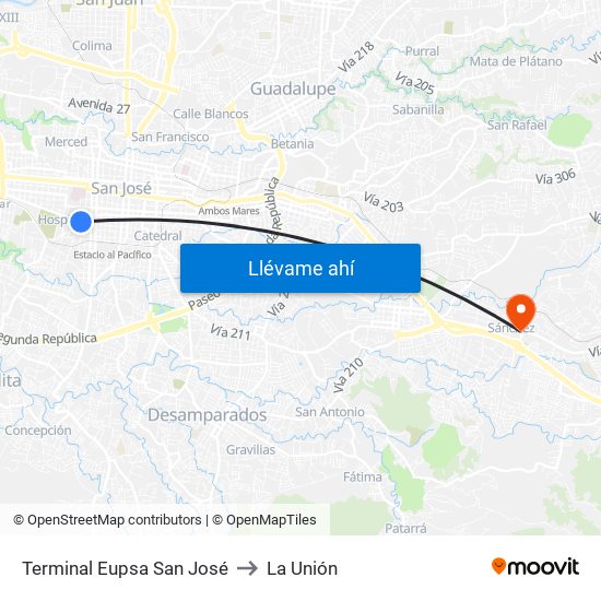 Terminal Eupsa San José to La Unión map
