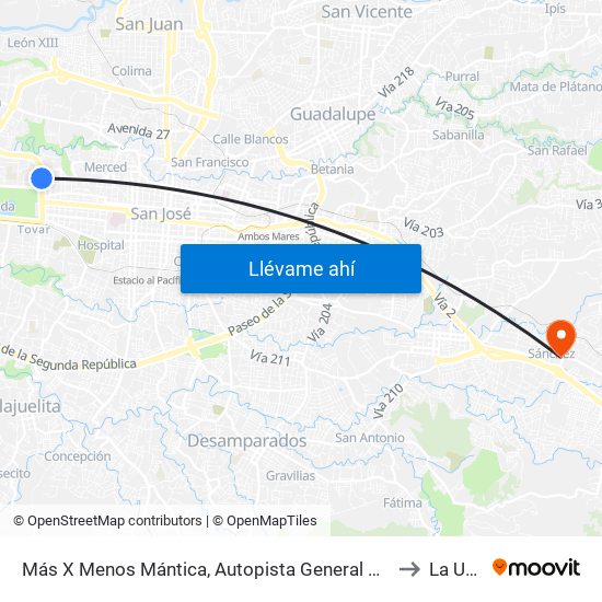 Más X Menos Mántica, Autopista General Cañas San José to La Unión map