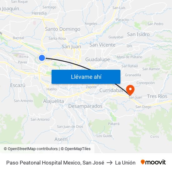 Paso Peatonal Hospital Mexico, San José to La Unión map