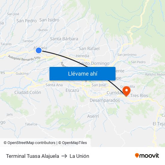 Terminal Tuasa Alajuela to La Unión map