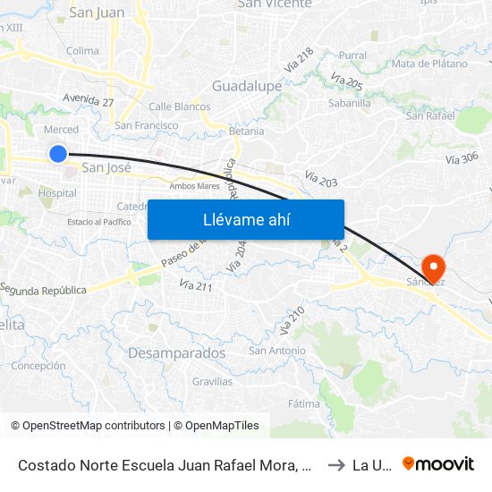 Costado Norte Escuela Juan Rafael Mora, Pitahaya San José to La Unión map