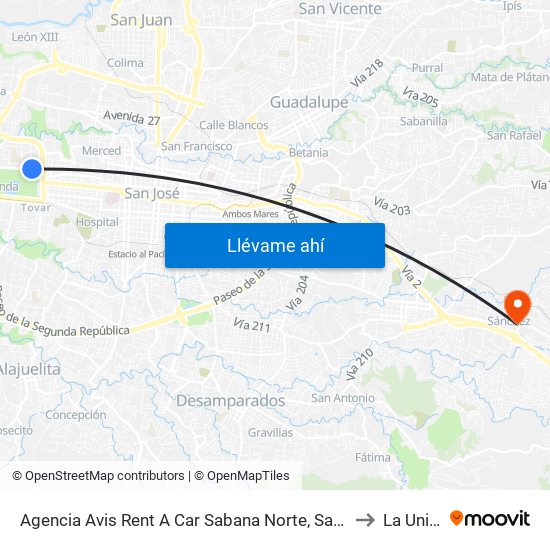 Agencia Avis Rent A Car Sabana Norte, San José to La Unión map