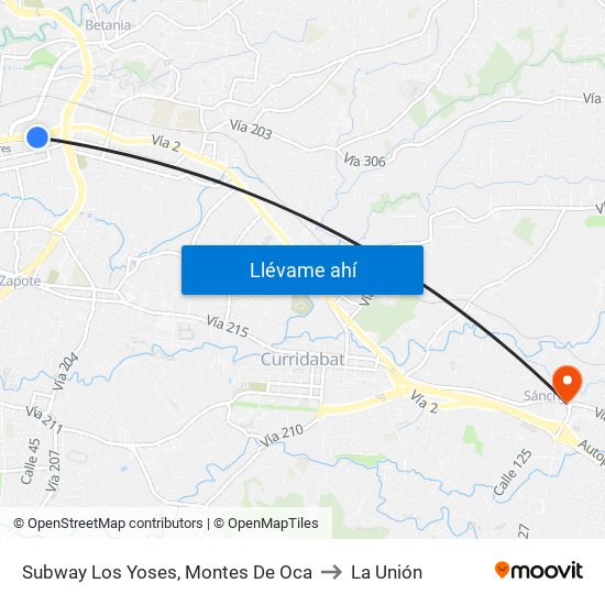 Subway Los Yoses, Montes De Oca to La Unión map