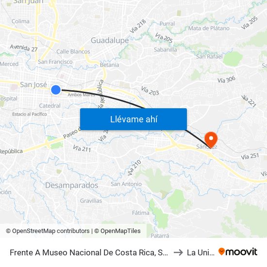 Frente A  Museo Nacional De Costa Rica, San José to La Unión map