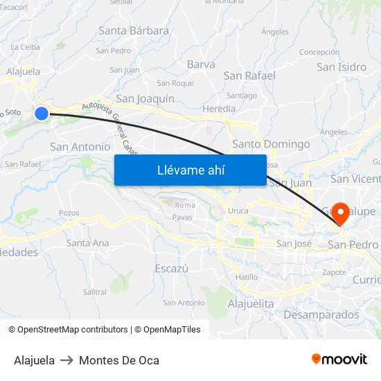 Alajuela to Montes De Oca map