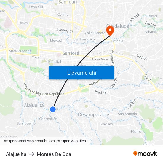 Alajuelita to Montes De Oca map
