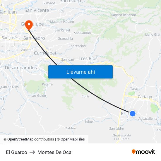 El Guarco to Montes De Oca map