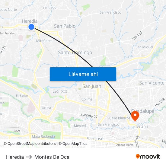 Heredia to Montes De Oca map