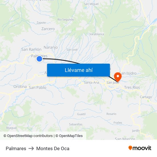 Palmares to Montes De Oca map
