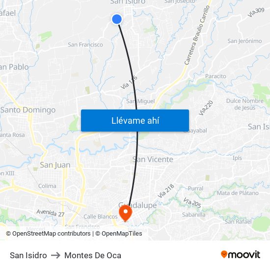 San Isidro to Montes De Oca map