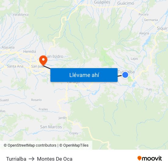 Turrialba to Montes De Oca map