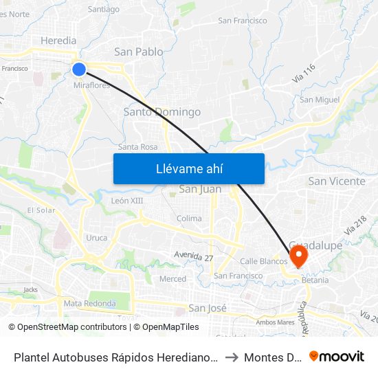 Plantel Autobuses Rápidos Heredianos, Pirro Heredia to Montes De Oca map