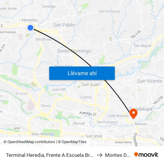 Terminal Heredia, Frente A Escuela Braulio Morales to Montes De Oca map
