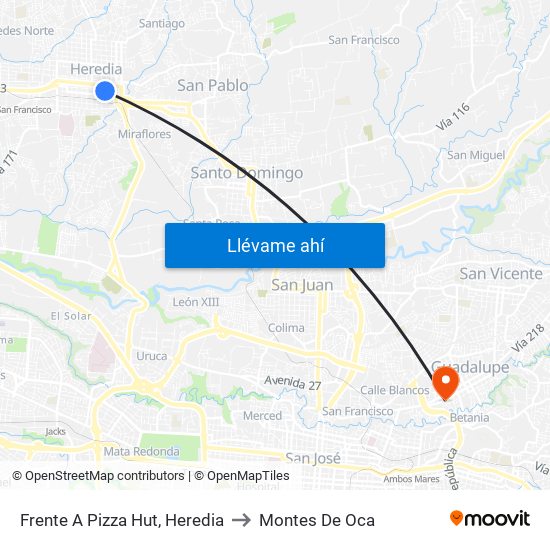 Frente A Pizza Hut, Heredia to Montes De Oca map