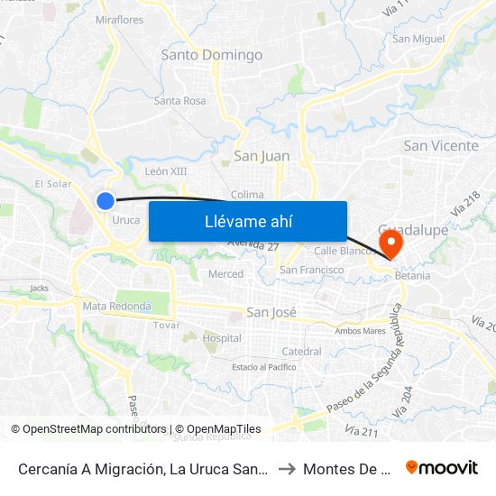 Cercanía A Migración, La Uruca San José to Montes De Oca map