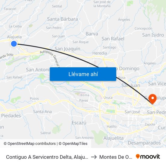 Contiguo A Servicentro Delta, Alajuela to Montes De Oca map