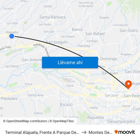 Terminal Alajuela, Frente A Parque De Los Niños to Montes De Oca map