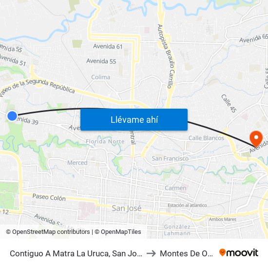 Contiguo A Matra La Uruca, San José to Montes De Oca map
