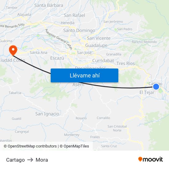 Cartago to Mora map