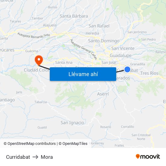 Curridabat to Mora map