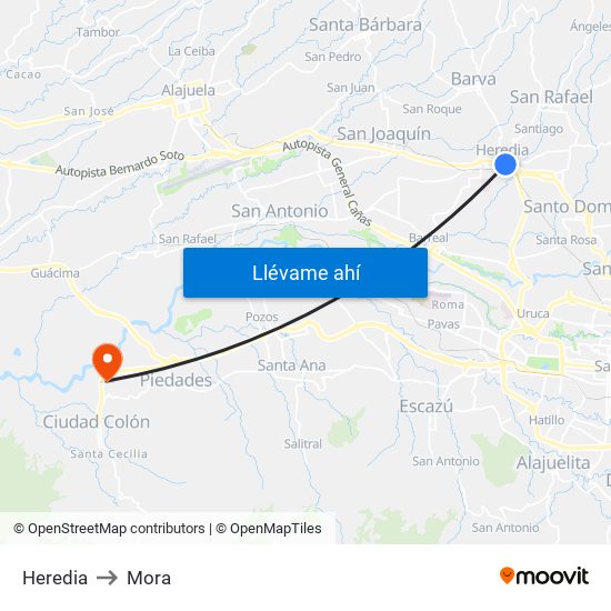 Heredia to Mora map