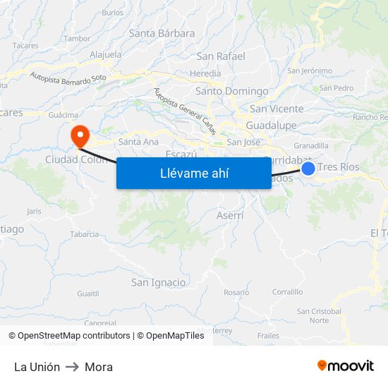La Unión to Mora map