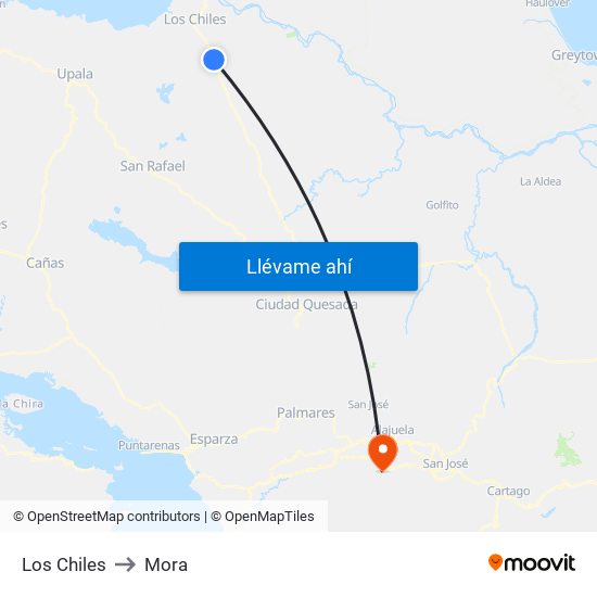 Los Chiles to Mora map