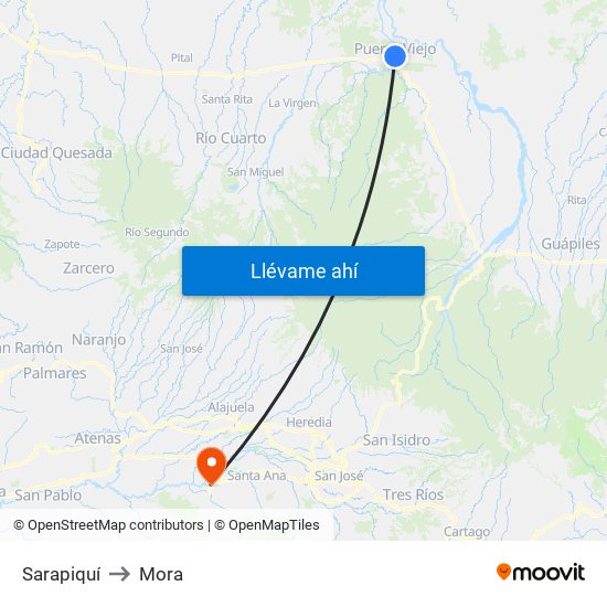 Sarapiquí to Mora map