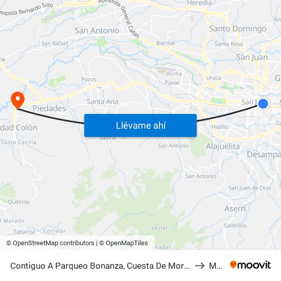 Contiguo A Parqueo Bonanza, Cuesta De Moras San José to Mora map