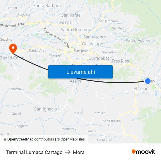 Terminal Lumaca Cartago to Mora map