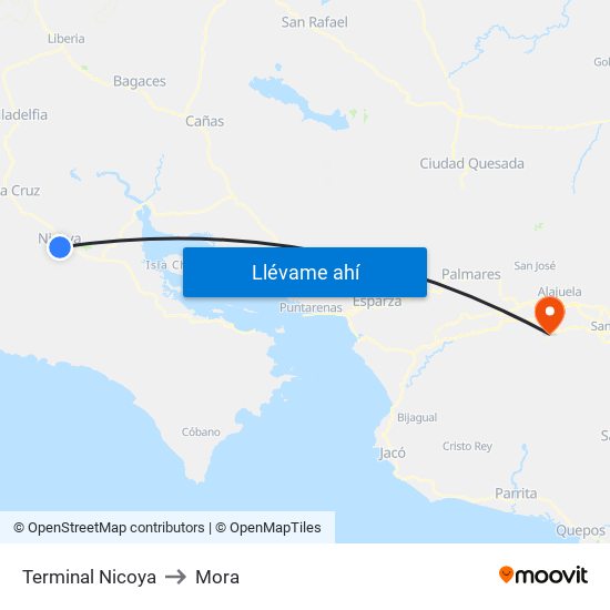 Terminal Nicoya to Mora map