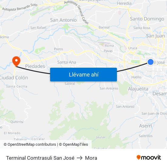 Terminal Comtrasuli San José to Mora map