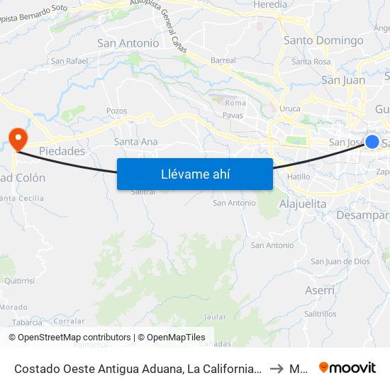 Costado Oeste Antigua Aduana, La California San José to Mora map